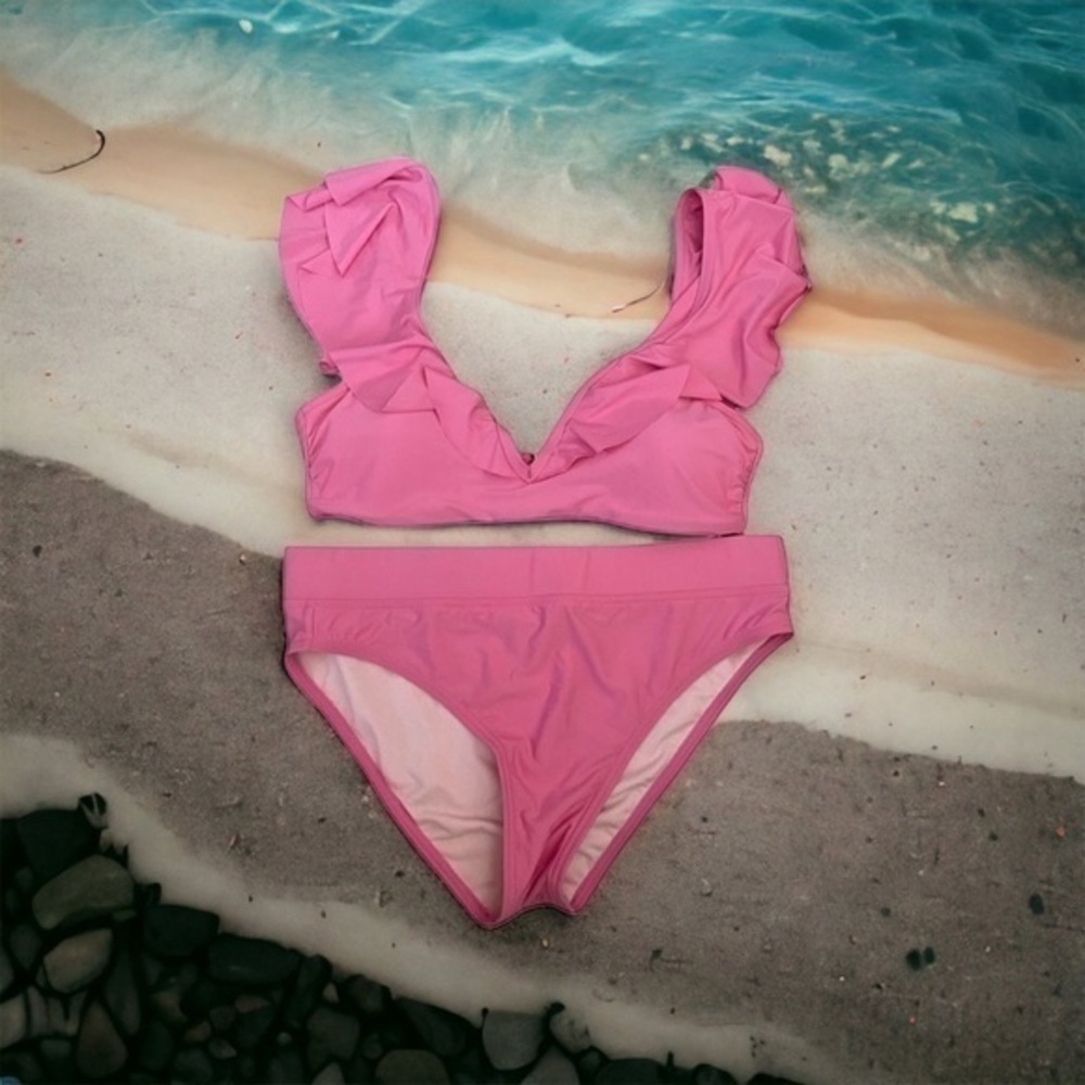GIANNI Bini Solid Ruffle V-Wire Bralette Swim Top
and Banded High Waist Bottom